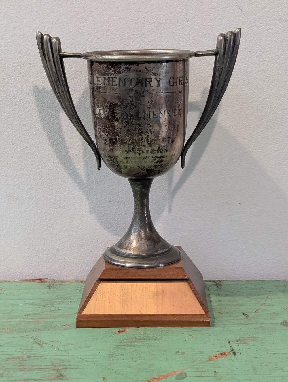 Vintage 1950's Silver Plate Trophy Cup - Elementary Girls - Wood Base - 7.5 Inch